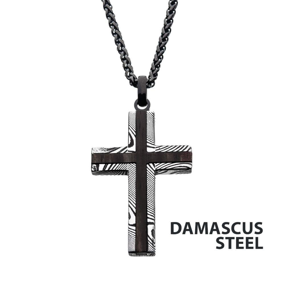 Featured image for “Damascus Steel Cross with Ebony Wood Inlay”