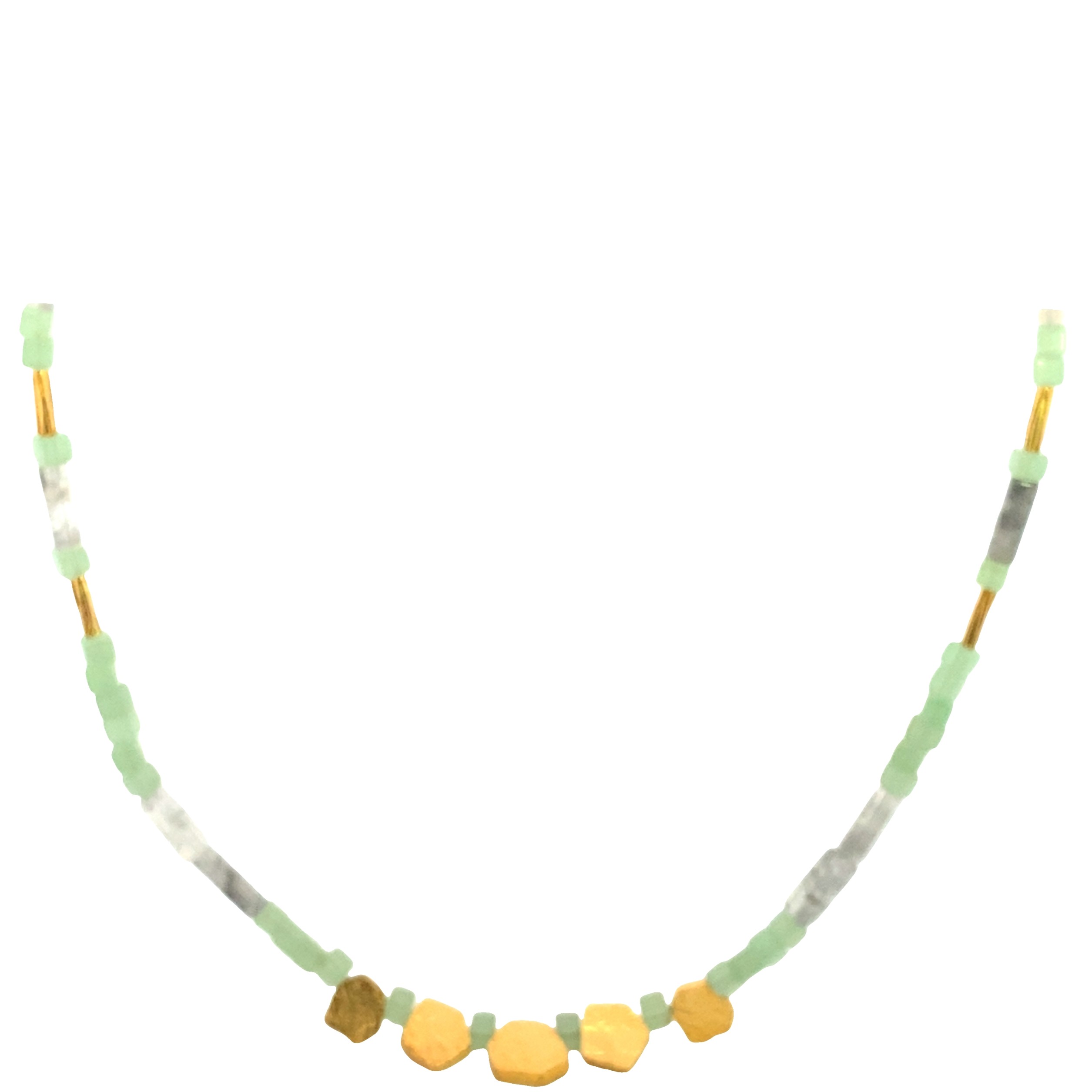 Featured image for “Stainless Steel/Gold Plated Jade and Rutilated Quartz Necklace”