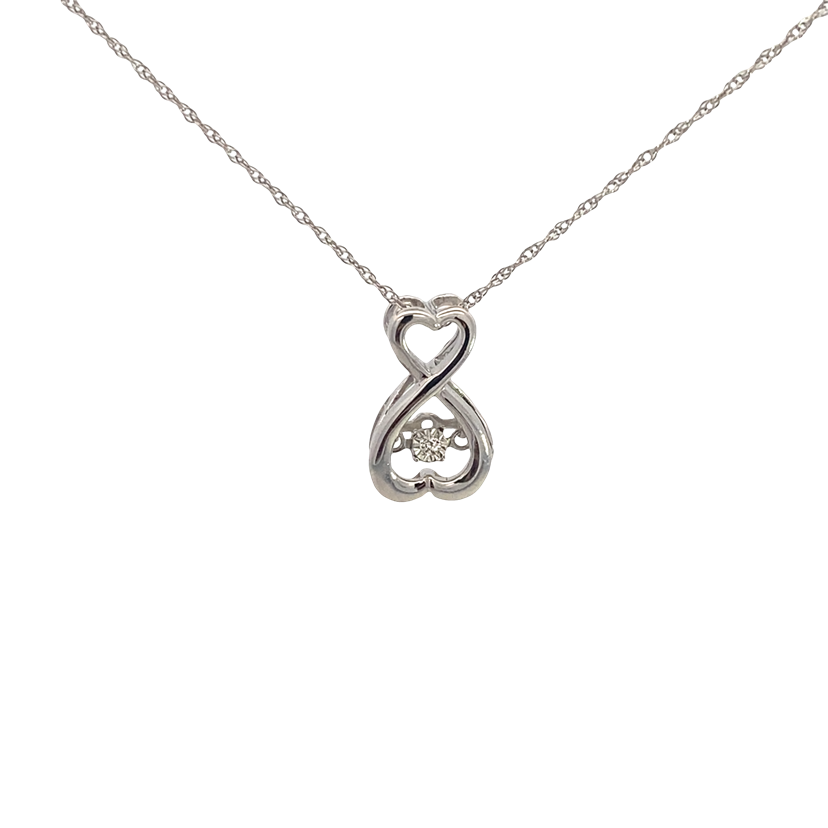 Featured image for “Show your love with this charming sterling silver hourglass design. Accented with a .01tw diamond, this heartbeat double heart pendant symbolizes a timeless connection.”
