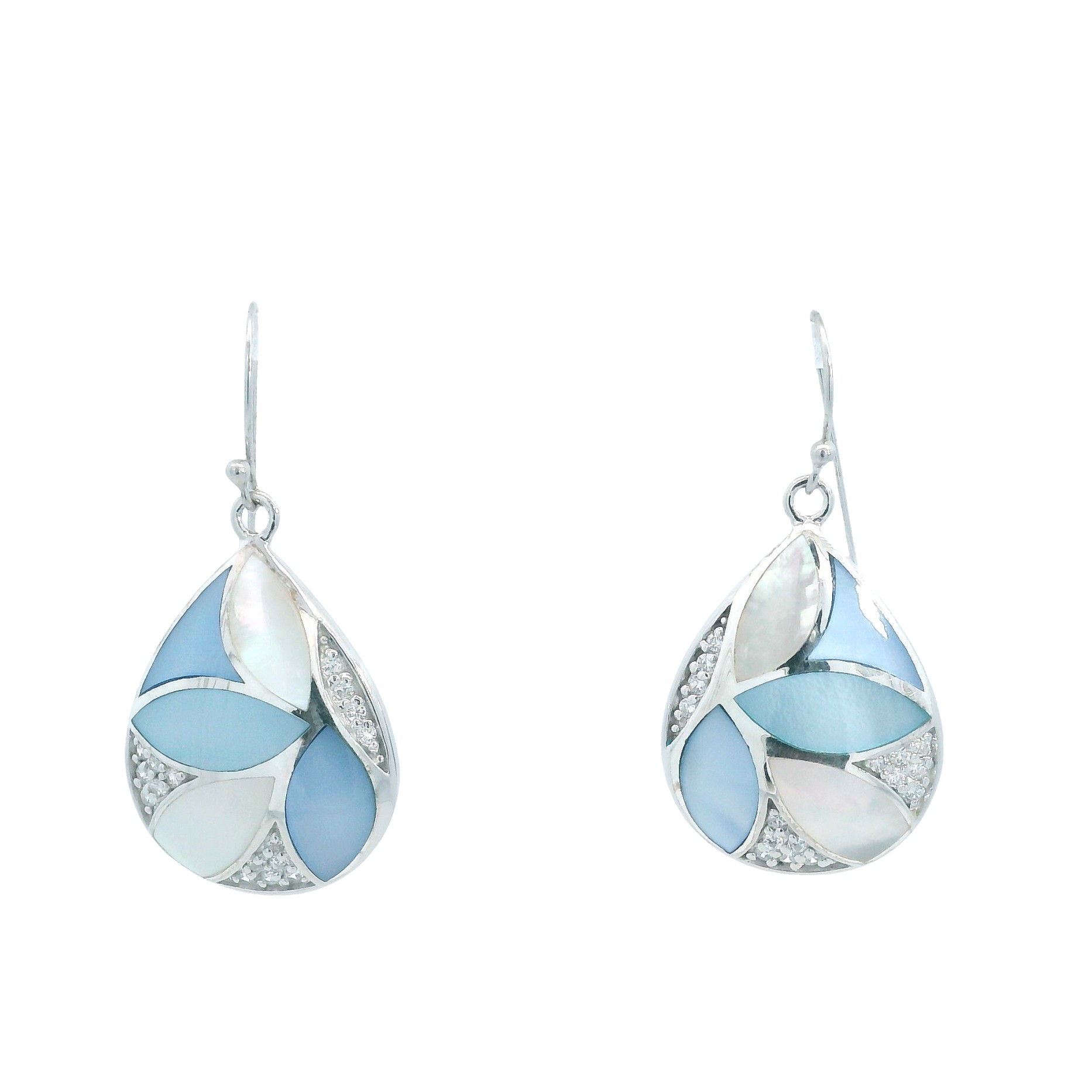 Featured image for “Sterling Silver Mosaic with Blue & White Mother of Pearl and Cubic Zirconia Earrings”