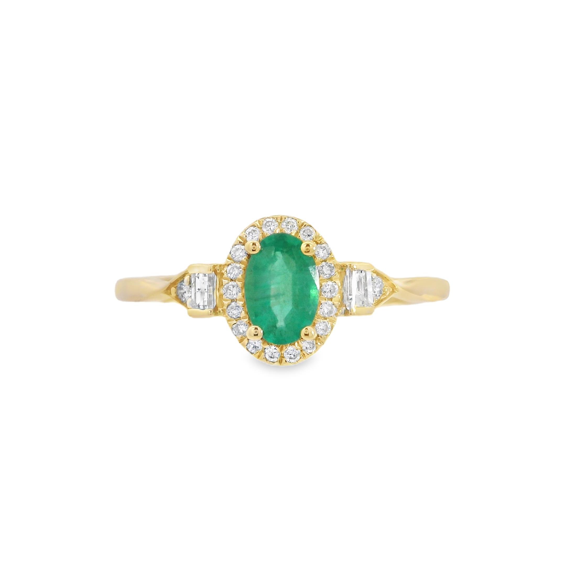Featured image for “14k Yellow Gold Oval Emerald Ring with Diamond Halo”