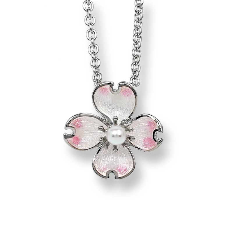 Featured image for “Sterling Silver Enamel Flower Pendant with Pearl Accent”