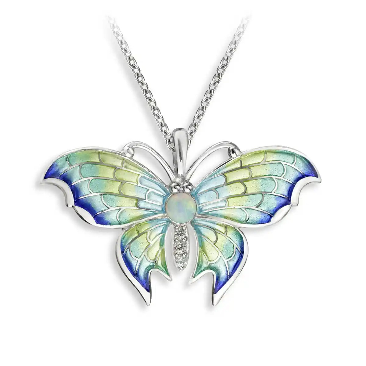 Featured image for “Sterling Silver Enamel Butterfly Pendant with Opal Accent”