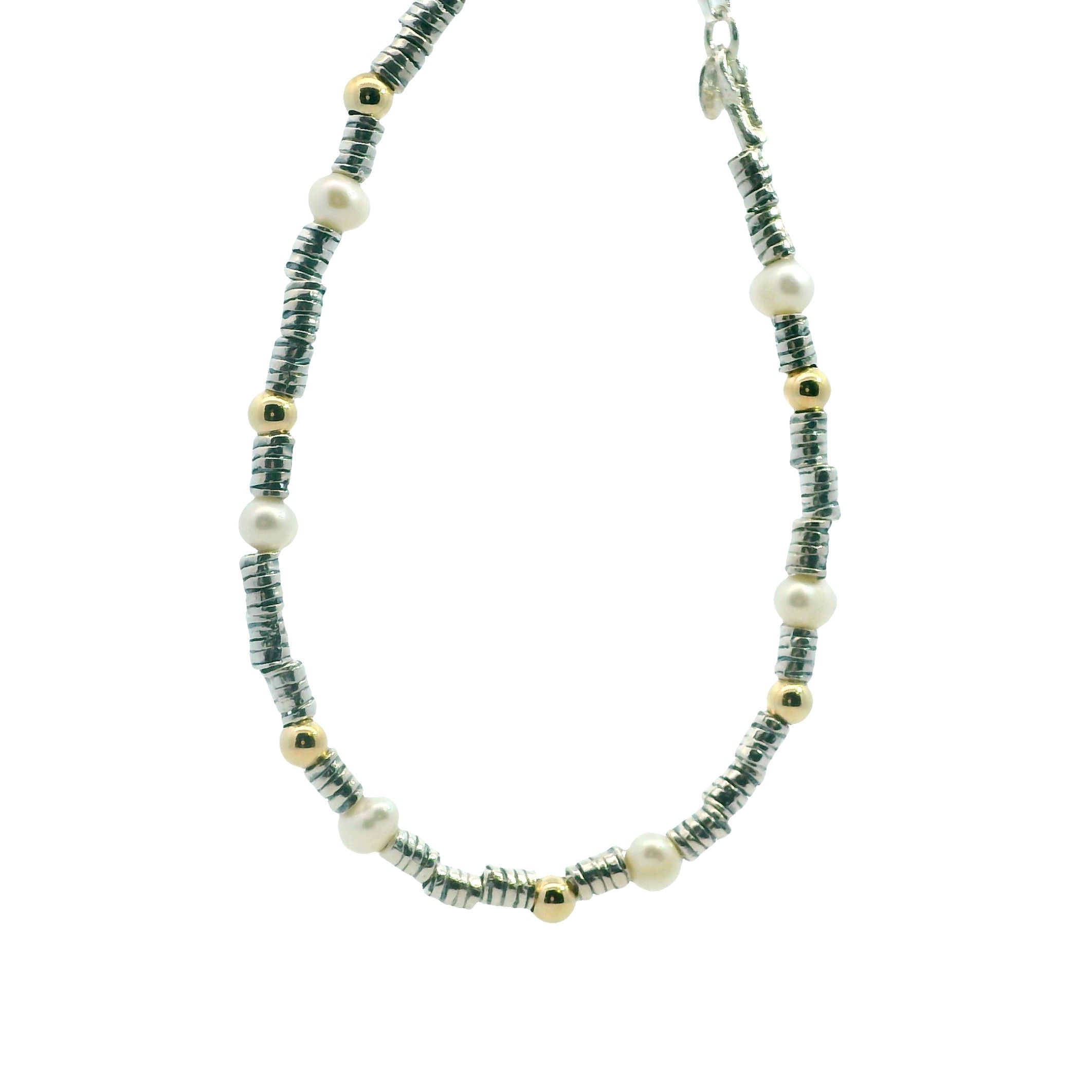 Featured image for “Sterling Silver Bracelet with Gold Plated and Pearl  Beads”