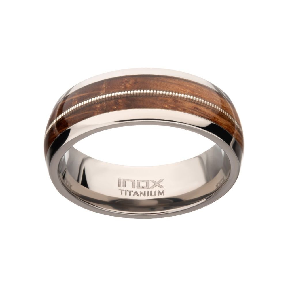 Featured image for “Mens Titanium Ring with Whiskey Barrel and Guitar String Inlay”