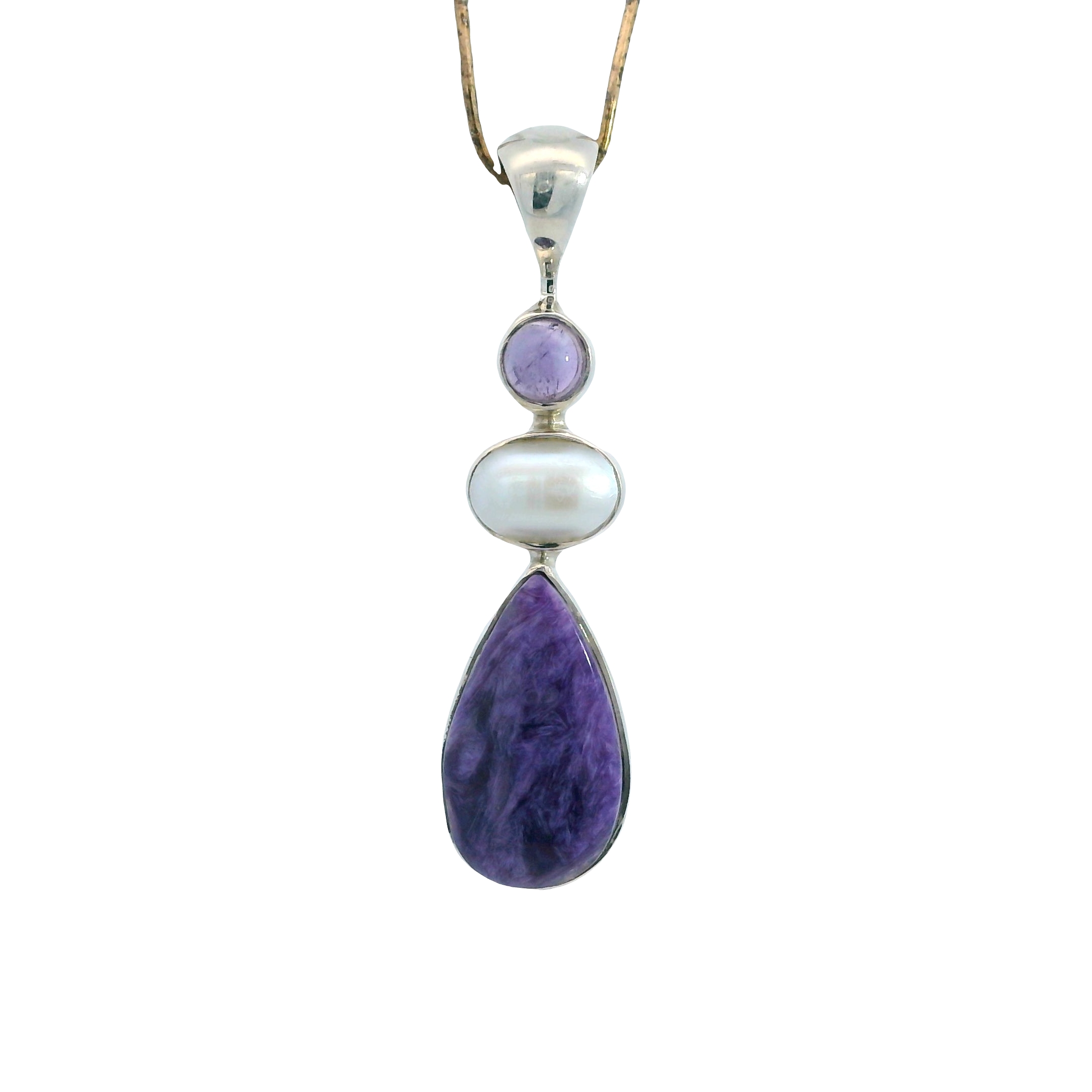 Featured image for “Sterling Silver Charoite, Amethyst, Pearl Pendant”