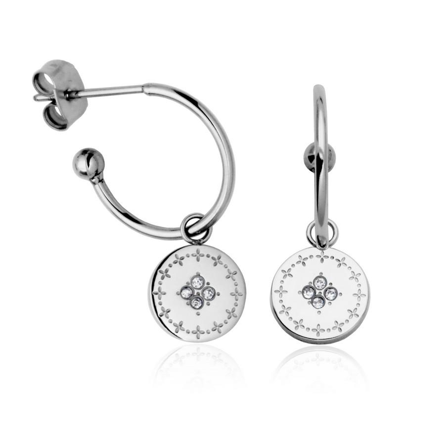 Stainless steel disc hoop earings with cubic zirconia accents