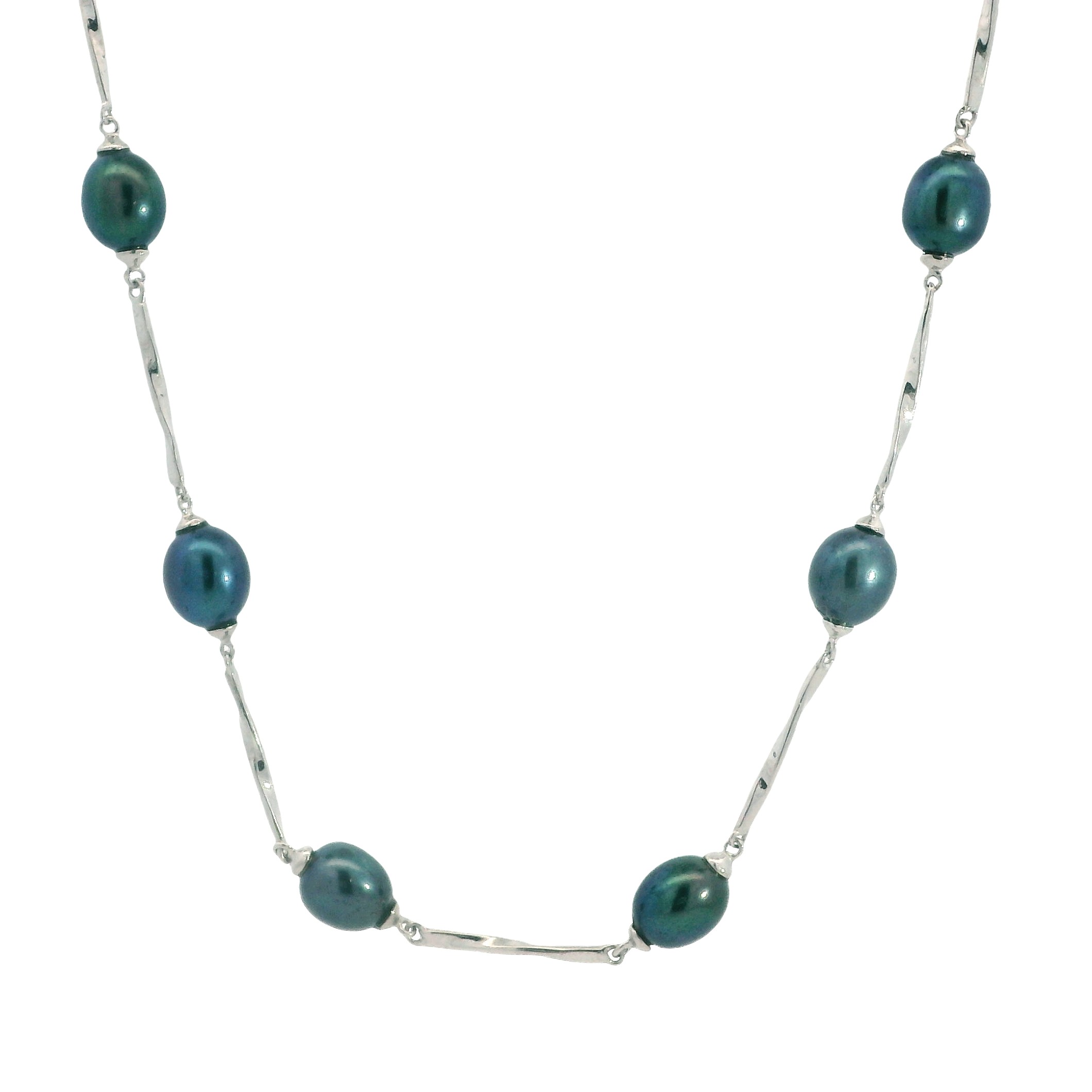 Sterling Silver Black Freshwater Pearl Station Necklace