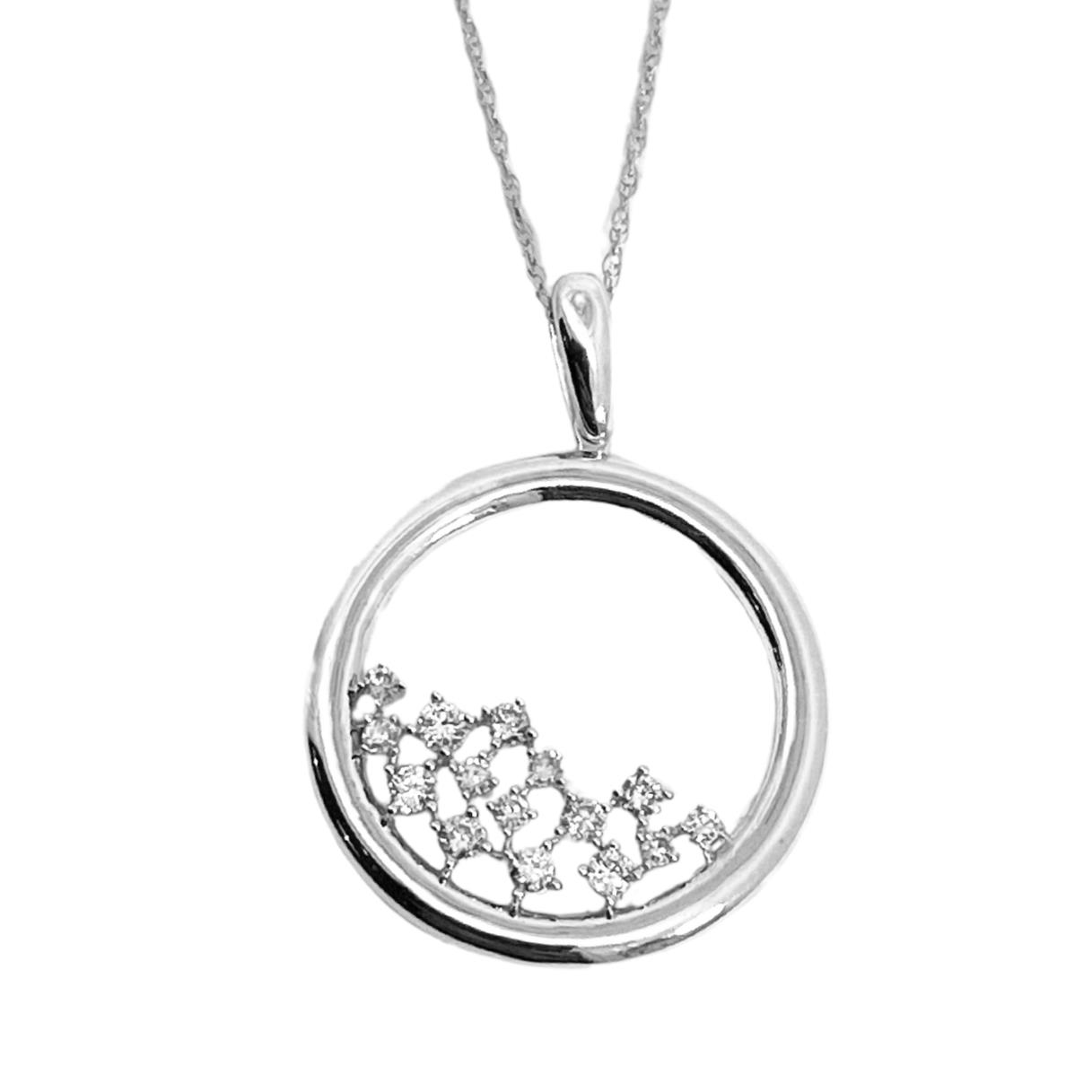 Featured image for “10K White Gold Circular Pendant with Scattered Diamonds”