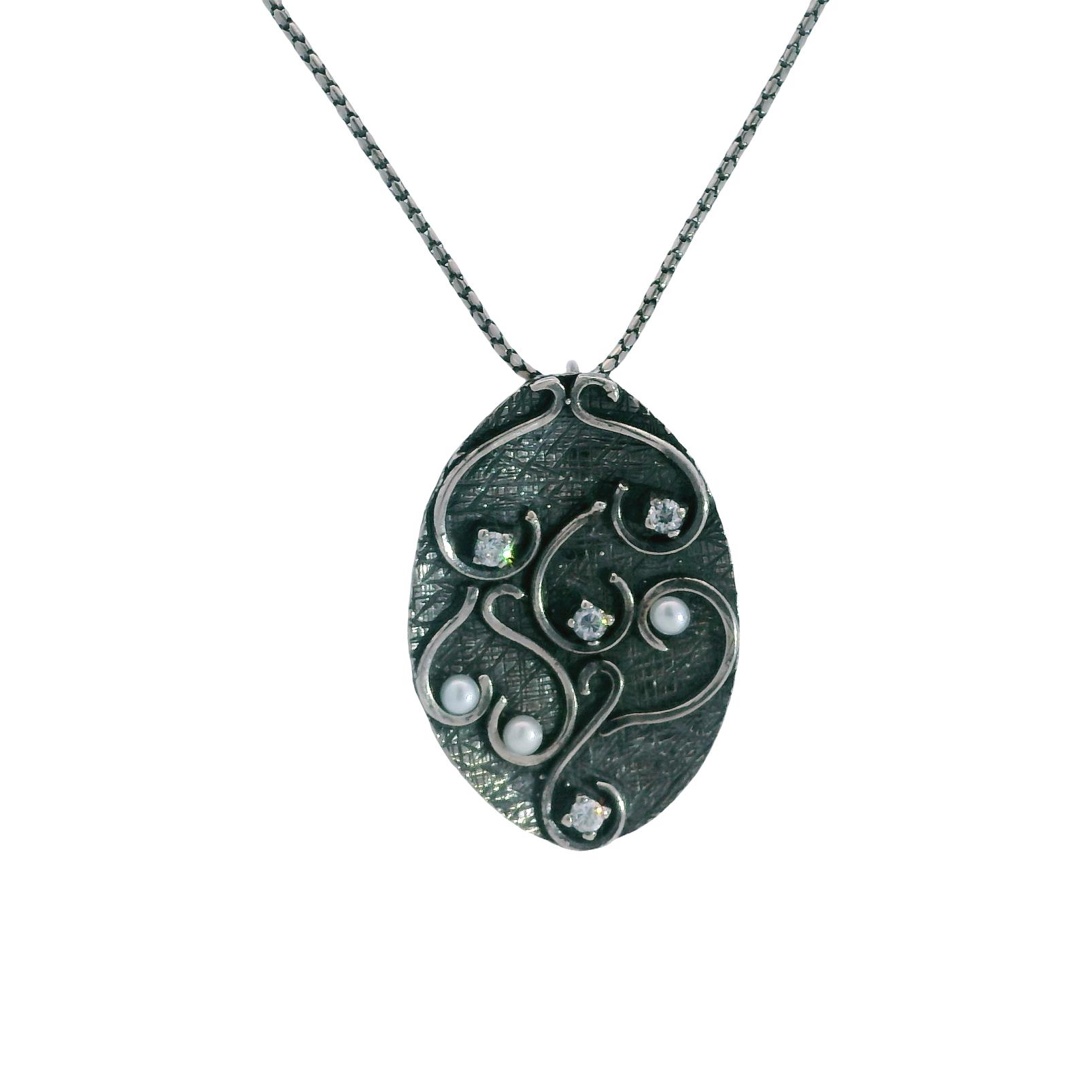 Sterling Silver Oval w/Pearl and CZ Pendant