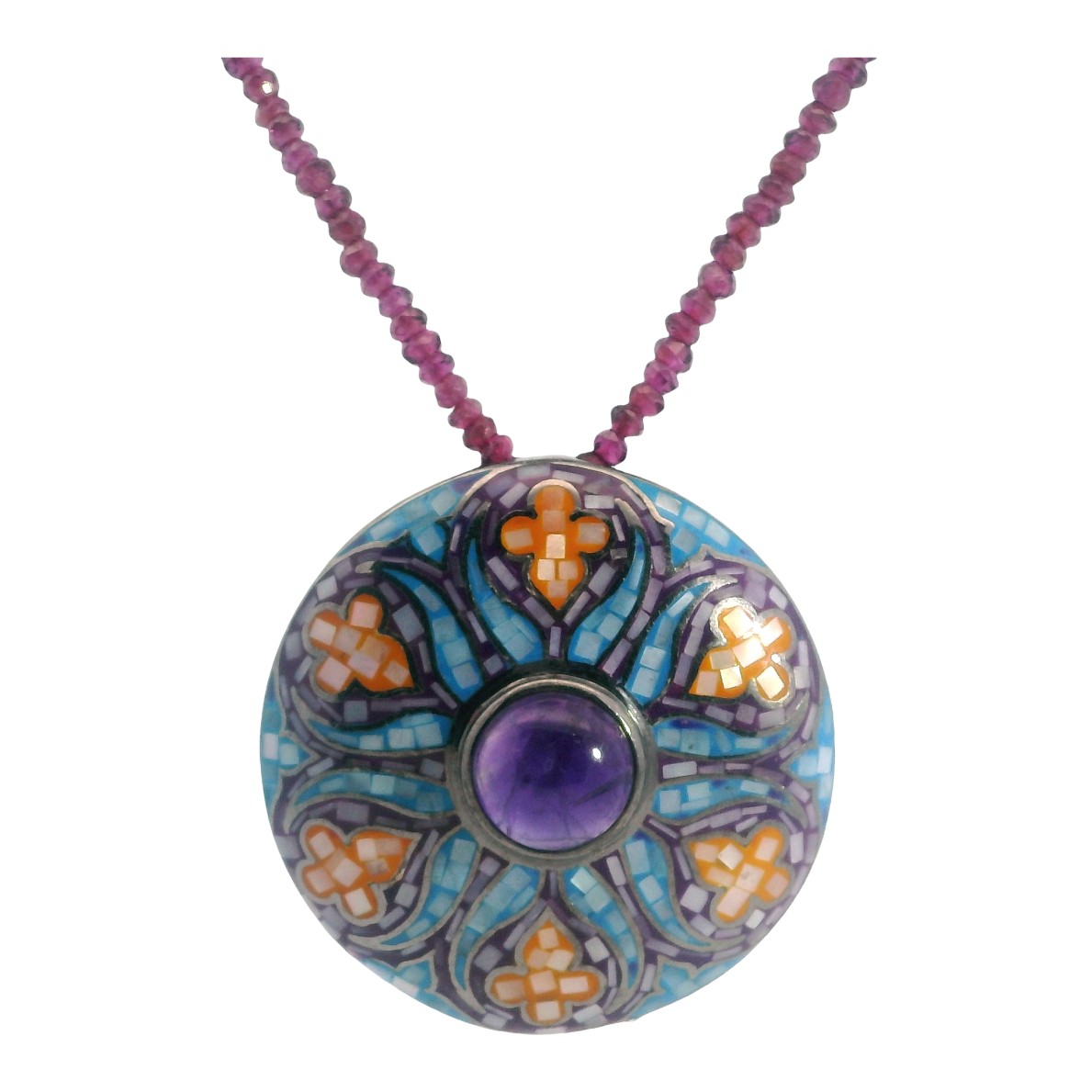 Mother of Pearl Mosaic with Amethyst Center and Garnet Beaded Necklace