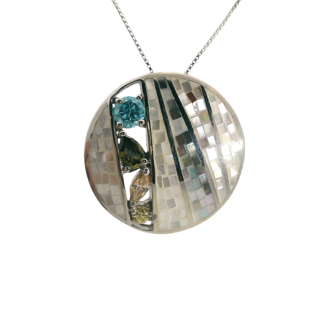 Sterling Silver Mother of Pearl and Cubic Zirconia Mosiac Pendant